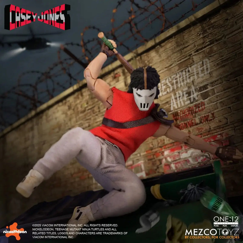 Action figure of a character from 'Casey Jones' with a brick wall and barbed wire background.