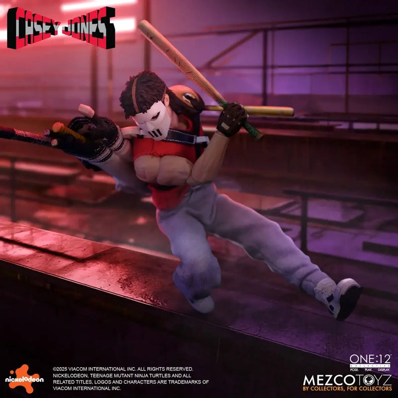 Action figure of a character from 'Teenage Mutant Ninja Turtles' with a bat in a dynamic pose, set against a skate park background.