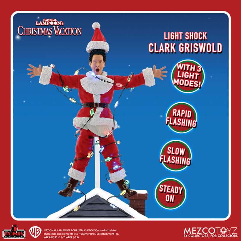 Action figure of Clark Griswold from National Lampoon's Christmas Vacation with light-up features on a blue and red background.
