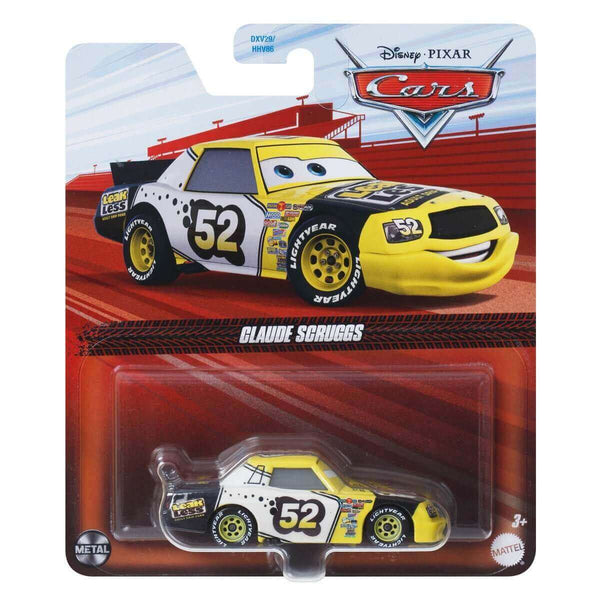 Toy race car figure in packaging with Disney Pixar Cars branding, Claude Scruggs