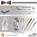 Collection of sports equipment and accessories with branding on a gray background