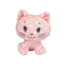 Pink plush cat toy with white polka dots on a white background