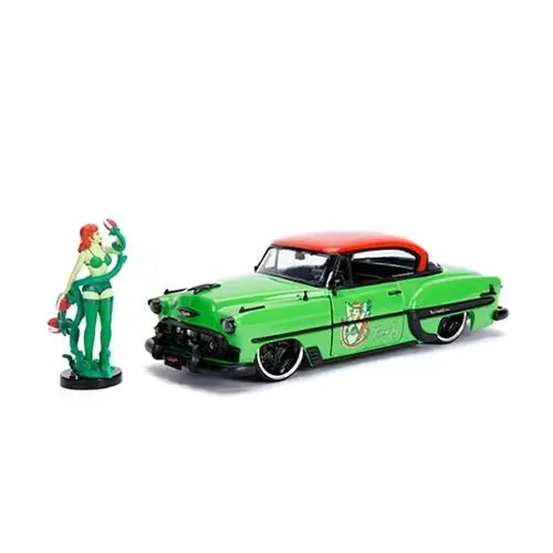 Green toy car with red roof and a figurine on a white background