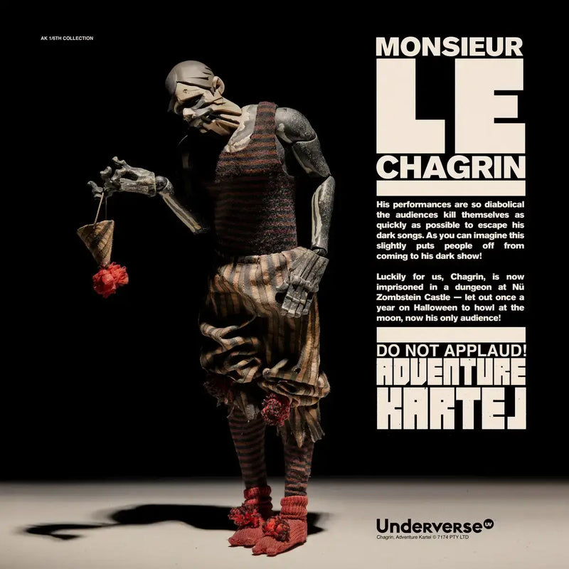 Monsieur Chagrin 1/6 Scale 12" Action Figure Adventure Kartel - Underverse, unpackaged figure standing with clown hat