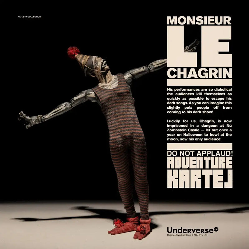 Monsieur Chagrin 1/6 Scale 12" Action Figure Adventure Kartel - Underverse, unpackaged dancing out of clown suit