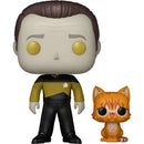 Funko Pop! figure of Data from Star Trek with a cat figurine on a white background