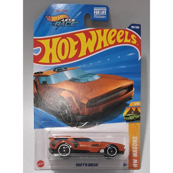 Hot Wheels toy car drift 'n break in packaging with orange car and blue background