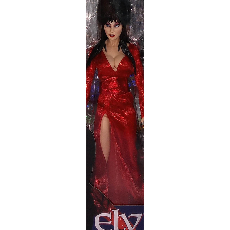 NECA Elvira, Mistress of the Dark 8-Inch Clothed Action Figure, “Red, Fright, and Boo”, close-up packaged
