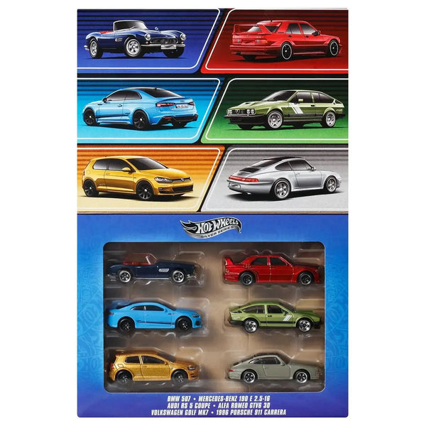 Hot Wheels model car set packaging with six colorful cars displayed on a white background