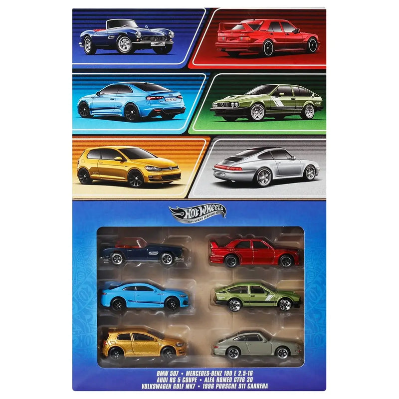 Hot Wheels model car set packaging with six colorful cars displayed on a white background