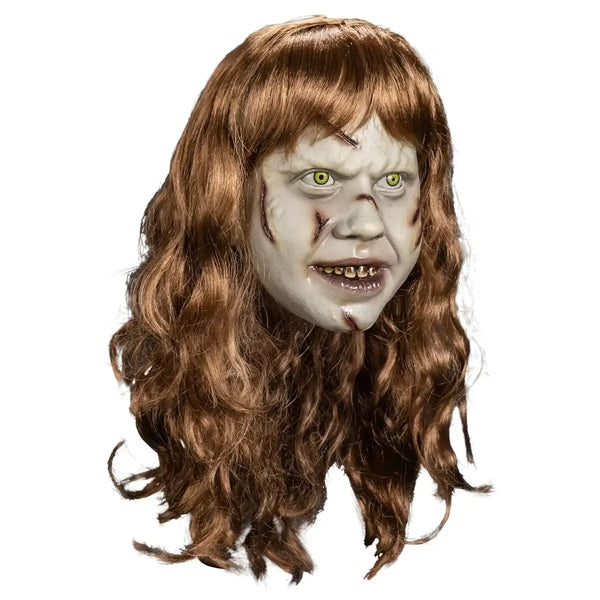 Halloween mask with long brown hair on a white background