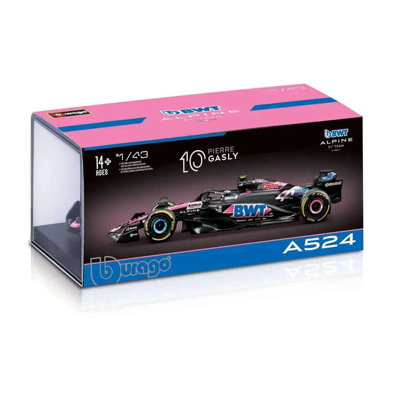 Model car packaging with Bburago branding and a racing car illustration on a white background