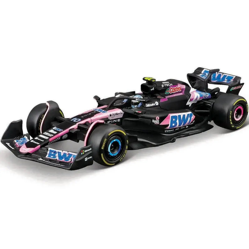 Black and pink Formula 1 BWT Alpine F1 Team A524 Pierre Gasly car on a white background