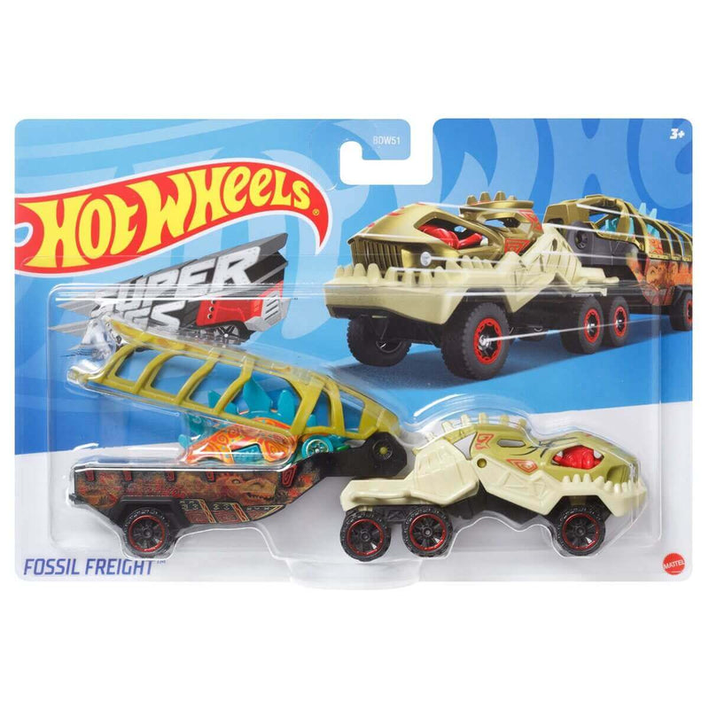 Hot Wheels 2023 Super Rigs (Mix 4) 1:64 Scale Diecast Hauler & Car, Fossil Freight