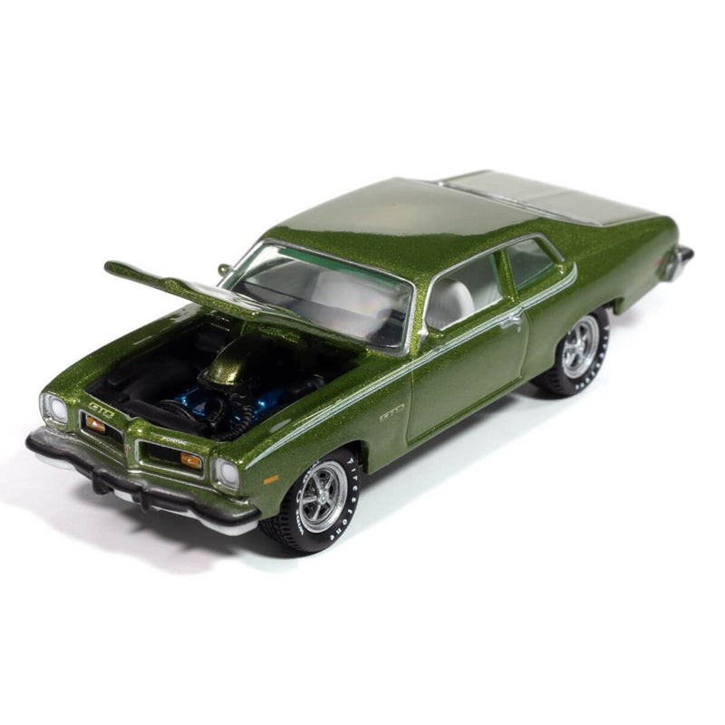 Johnny Lightning 2024 Collector's Tin Vehicles R2 (A&B) 1974 Pontiac GTO Mecum Auctions (Limefire Green w/Green Stripes)