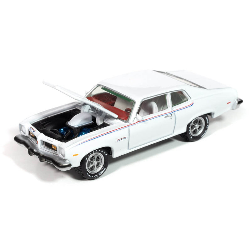 Johnny Lightning 2024 Collector's Tin Vehicles R2 (A&B) 1974 Pontiac GTO Mecum Auctions (White w/ RWB Stripe)