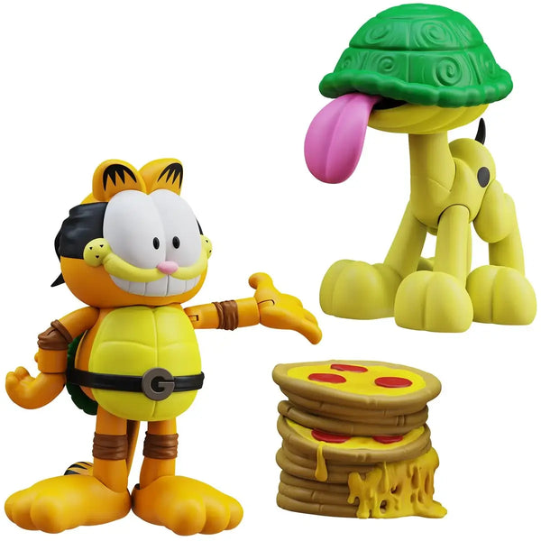 Action Figures of Garfield and Odie with a stack of pizza slices on a white background