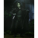 Ghost Face in a dark costume with a hood and glowing mask holding a knife in a dark setting.