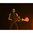 Ghost face wearing a mask and holding a weapon with flames against a dark background