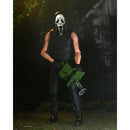 Ghost face Action figure with a mask and chainsaw in a dark forest setting