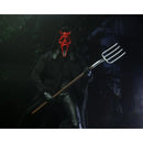 Ghost Face wearing a red mask and holding a pitchfork against a dark background
