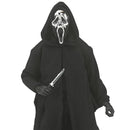 Ghost Face wearing a black hooded cloak with a mask and holding a knife on a white background