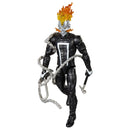 Action figure with black and silver costume and fiery hair on a white background