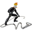 Action figure with a black suit and flaming hair on a white background