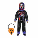 Toy figure in a Halloween costume with a mask and pumpkin lantern on a white background