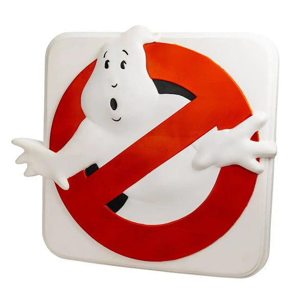 Ghostbusters logo with a cartoon ghost on a white background