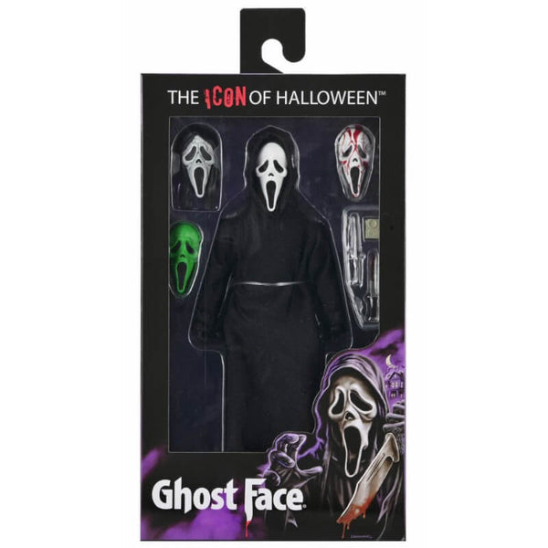 Ghost Face Halloween costume packaging with masks and robe on a black background