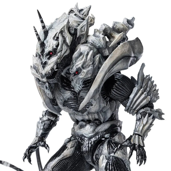 Detailed Godzilla-like creature with armor and red eyes on a white background