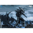 Monster with a scythe standing on a destroyed cityscape with 'Godzilla' logo.