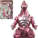 A metallic pink Godzilla action figure shown prominently on a white background, with the original illustrated card packaging visible in the upper left corner.