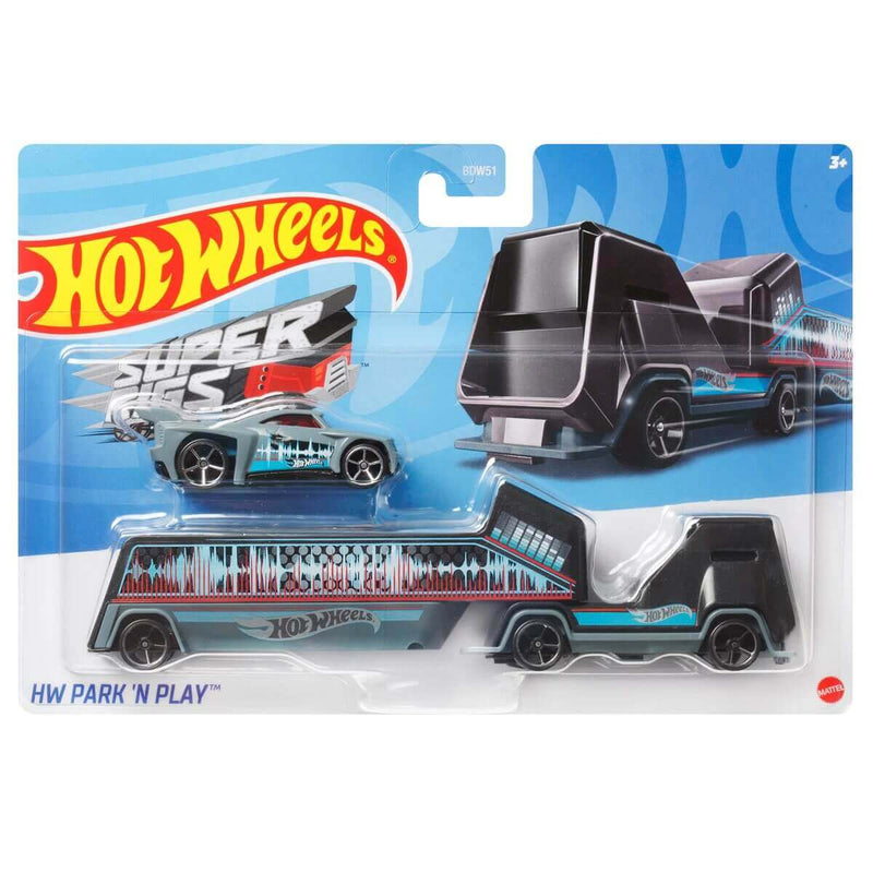 Hot Wheels 2023 Super Rigs (Mix 4) 1:64 Scale Diecast Hauler & Car, HW Park 'N Play