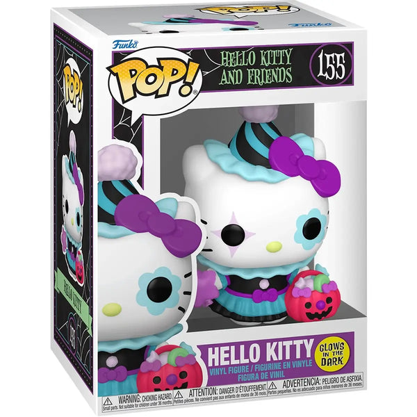 Funko Pop! vinyl figure packaging featuring Hello Kitty in a Halloween costume with glowing dark feature.