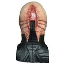 A horror prop mask depicting a severed, exposed-skull style head with a black neck collar, photographed against a plain white background.