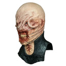 A realistic severed horror prop head with exposed flesh, stitched wounds, and a black collar, isolated on a black background.