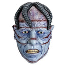 A horror-style severed head mask with blue-gray skin, exposed bone-like detailing, dark twisted horns, and red stitched wounds, shown on a plain white background.