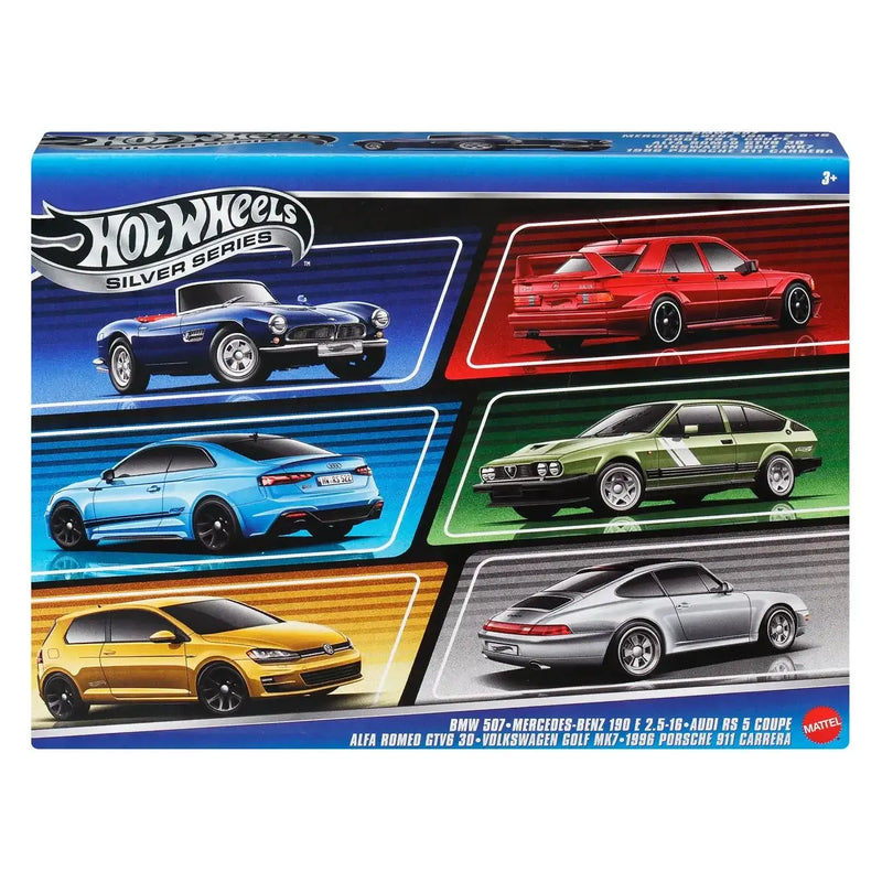 Hot Wheels Silver Series packaging with six different cars displayed.