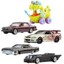 Collection of toy cars including a BMW, a customizada car, a black car, and a Batmobile on a white background.