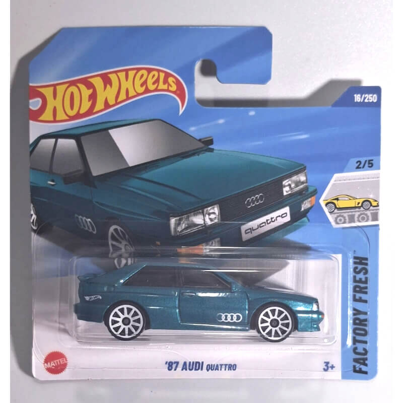 Hot Wheels '87 Audi Quattro toy car in packaging on a white background