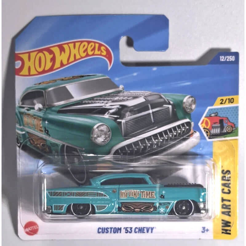 Hot Wheels Custom '53 Chevy toy car in packaging with Hot Wheels logo.