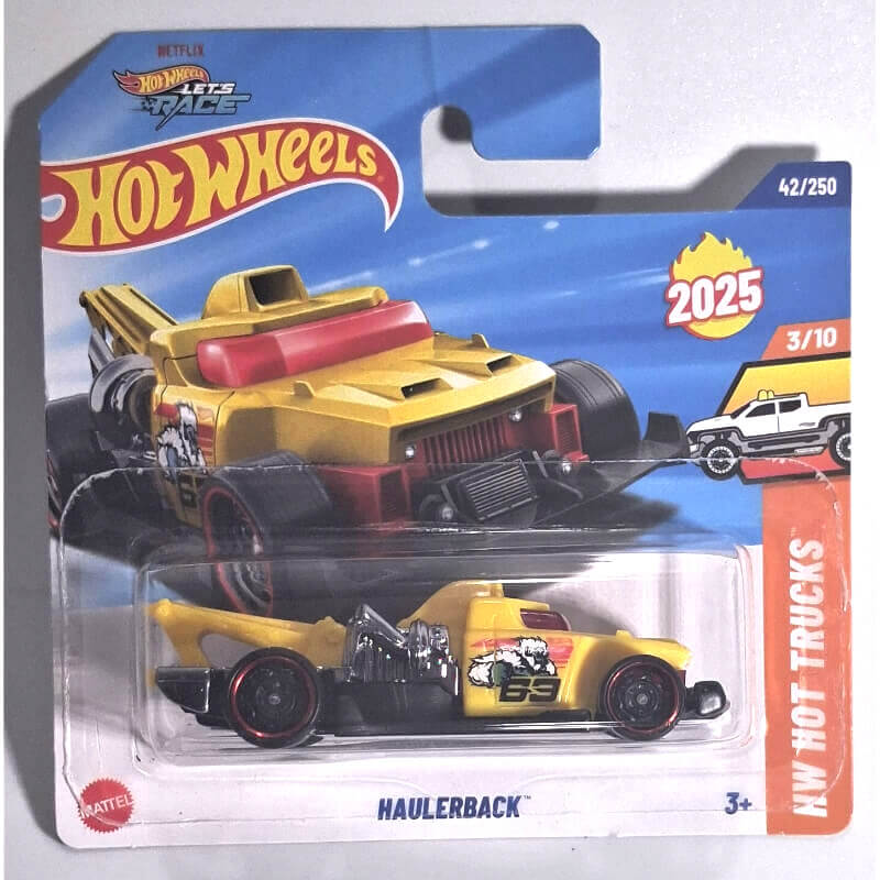 Hot Wheels Haulerback toy truck in packaging with Hot Wheels branding.