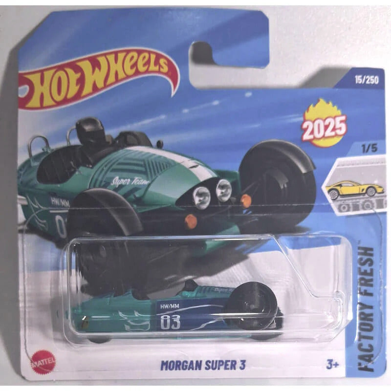 Hot Wheels Morgan Super 3 toy car in packaging with blue and white background