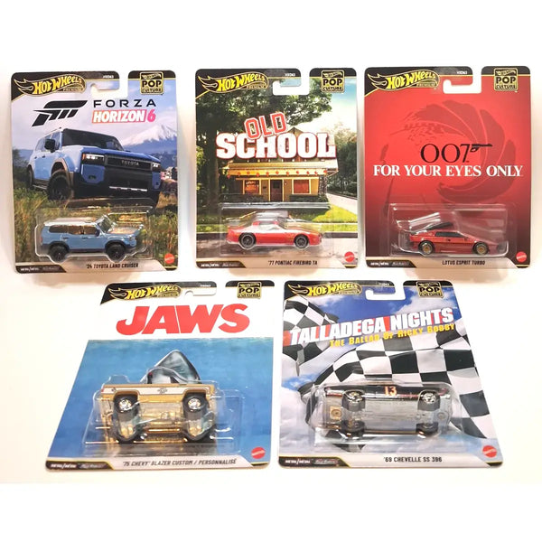 Five Hot Wheels die-cast toy cars in their original blister packaging, featuring Forza Horizon 6, Old School, 007 Gold, Jaws, and Talladega Nights: The Road to Riches.