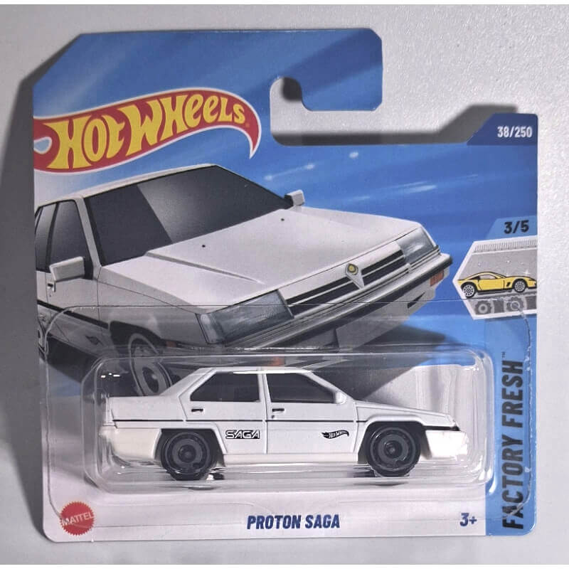 Hot Wheels Proton Saga toy car in packaging with Hot Wheels logo