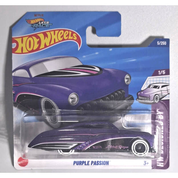 Hot Wheels 'Purple Passion' car in packaging on a gray background