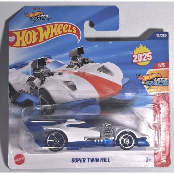Hot Wheels 'Super Twin Mill' toy car in packaging with 'Let's Race' branding.