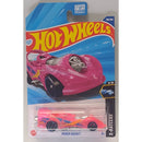 Hot Wheels toy car in packaging with pink car and blue background